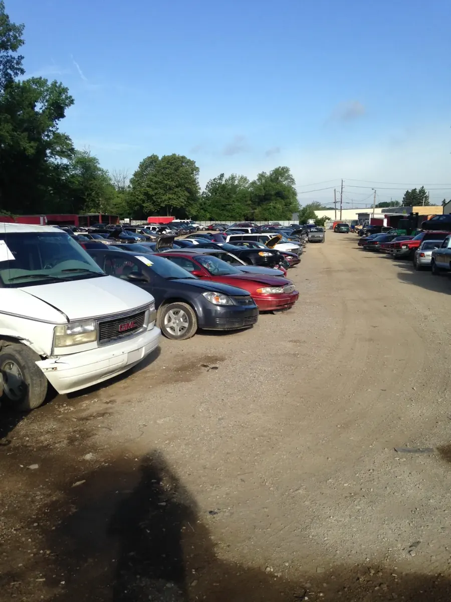 Rows of vehicles inventoried at The New Country Auto Parts salvage yard in Indianapolis